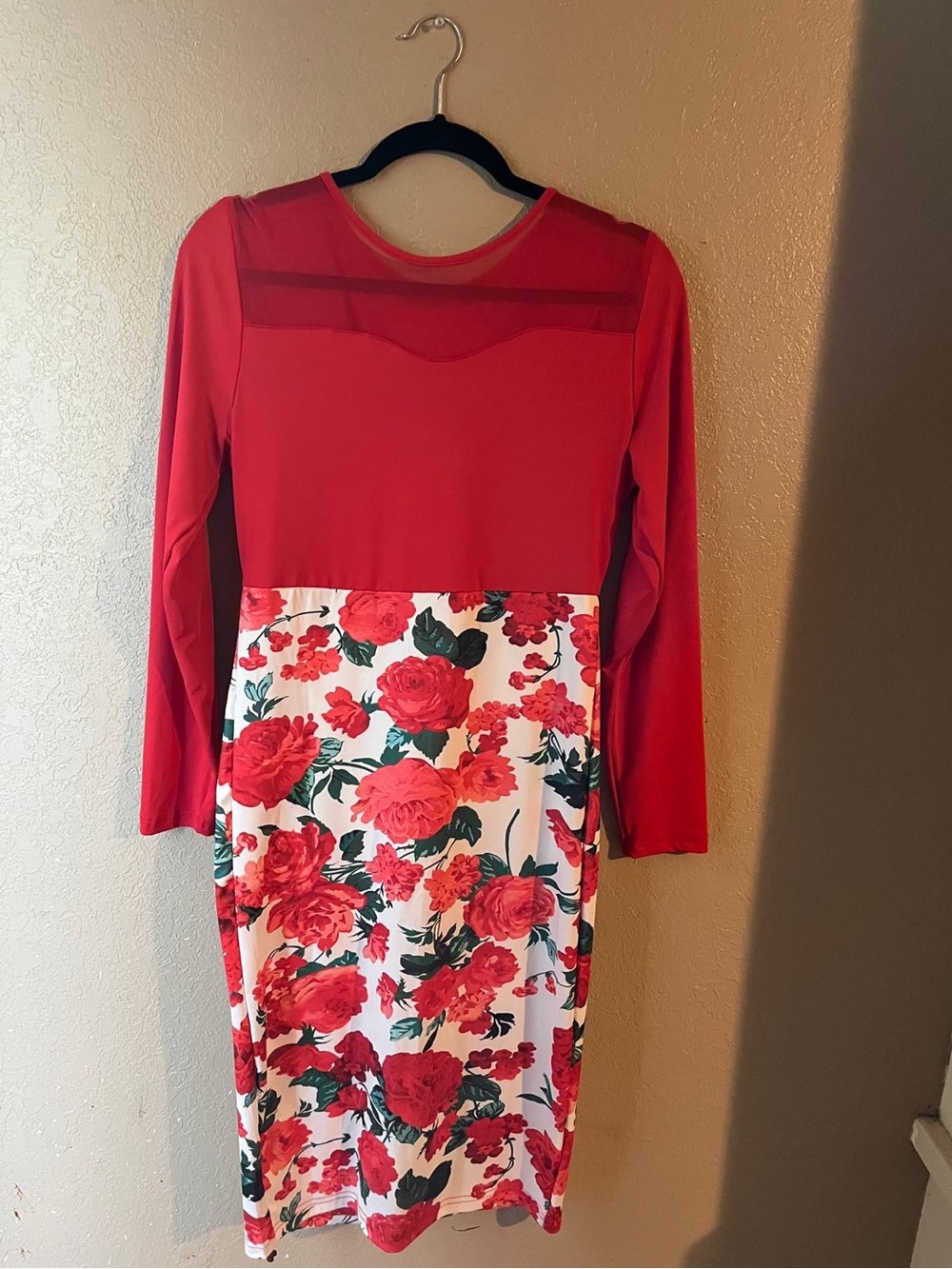 Red Floral Panel Long-Sleeve Women’s Dress